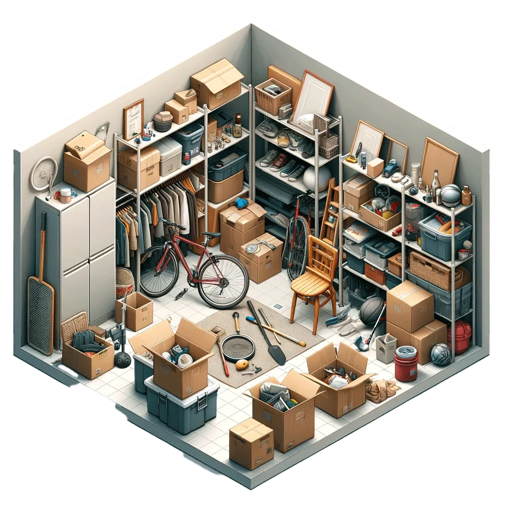 an-axonometric-view-render-of-a-storage-room-or-utility-room,-with-no-background.-This-room-should-be-filled-with-items-typically-stored-in-suc